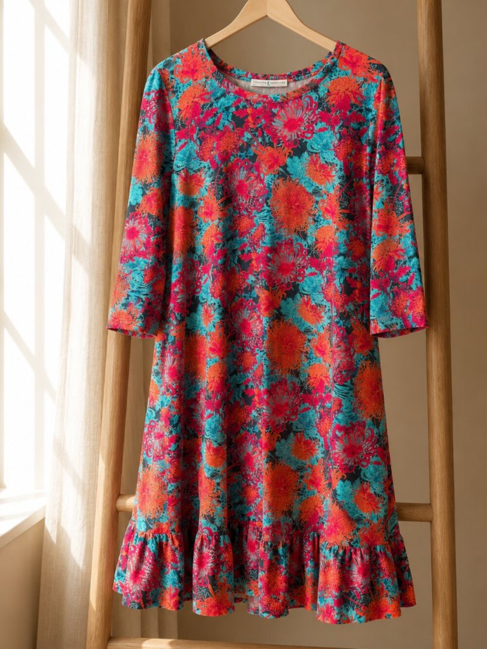 Peruvian Connection Winter Mum Floral Ruffle Hem Jersey Dress M